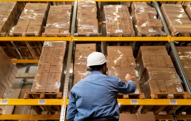 Photo of warehouse worker in front of shelf with cardboard boxes illustrates blog "Cargo Insurance: What You Need to Know "