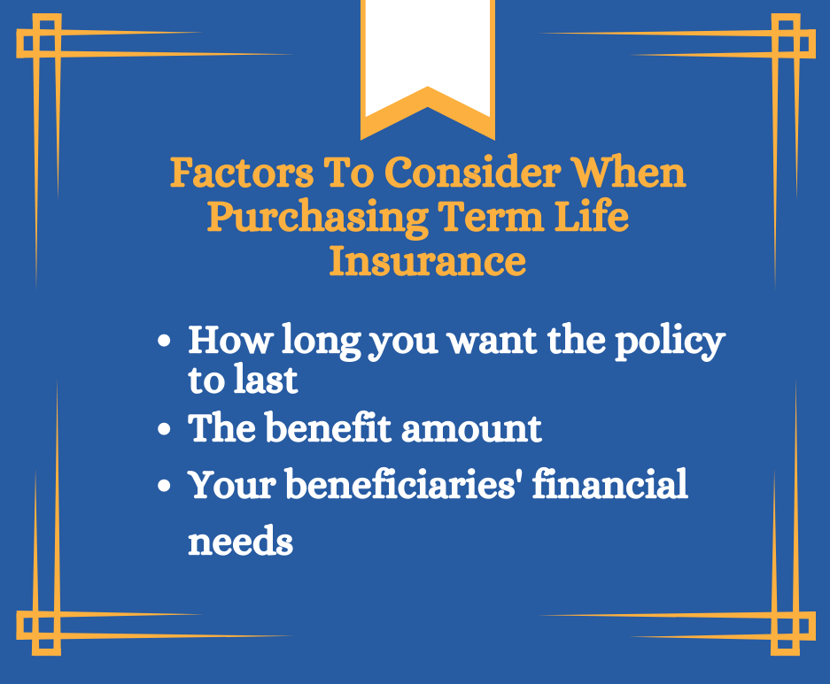 Graphic listing the factors to consider when purchasing term life insurance. 