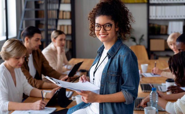 Professional woman smiling with meeting on the background illustrates blog "General Liability Insurance: What You Need To Know"