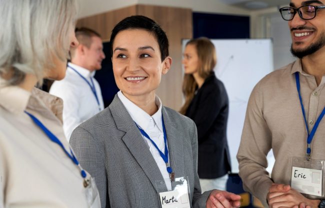 Photo of two women and a man in business attire and with name tags illustrate blog "How Does Special Event Insurance Work?"